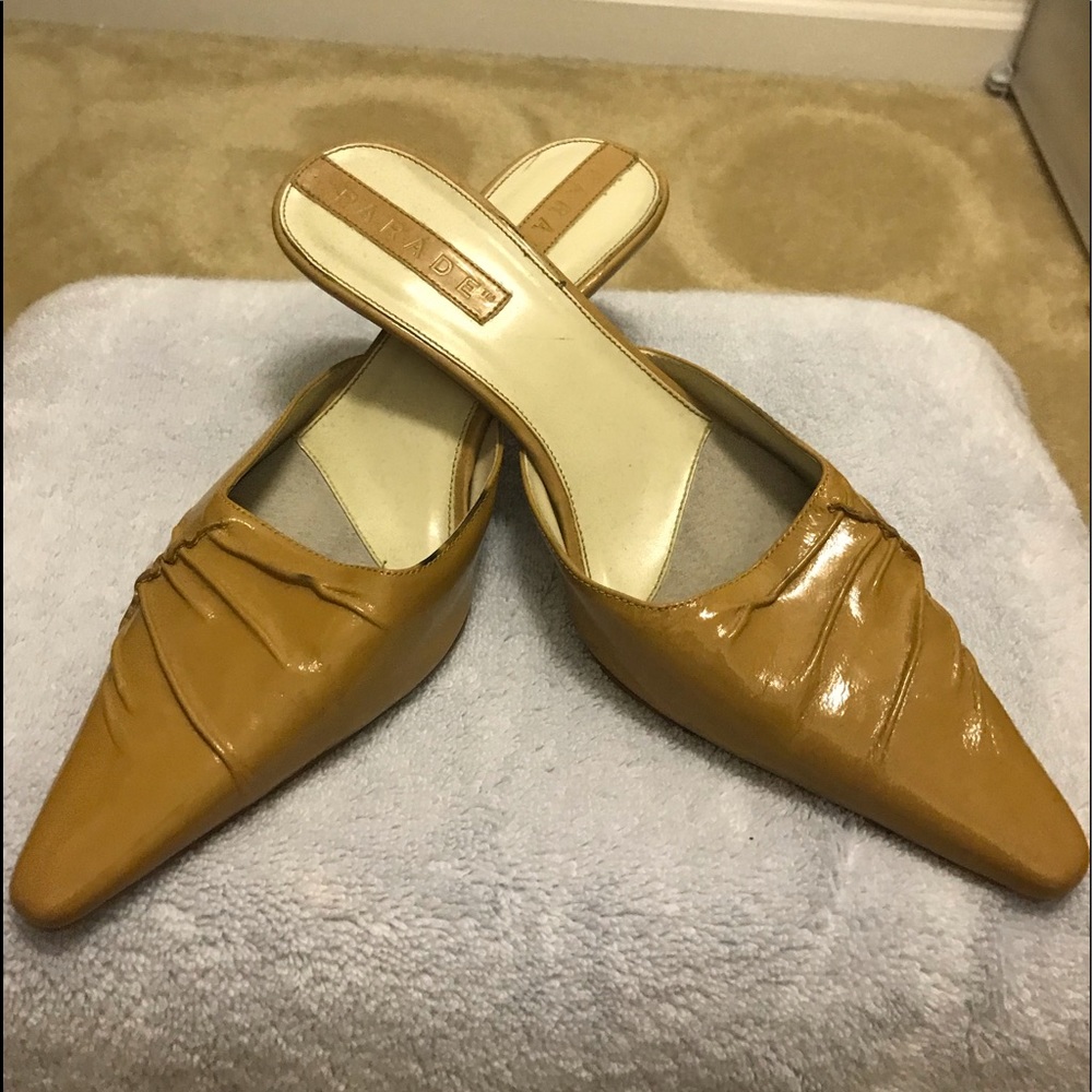 Tan patent leather mules